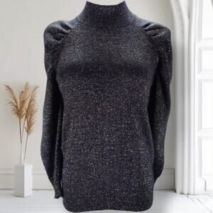 Joie Wool Blend Puff Sleeve Sweater Size L Black Metallic Sparkle Mock Neck
